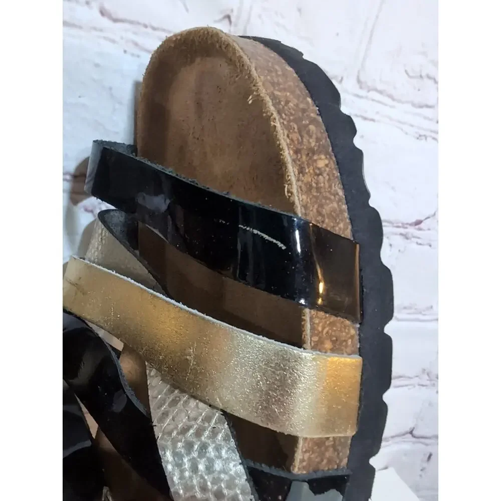 Sanosan Black Patent Metallic Leather Straps Soft Footbed Cork Wedge Sandals 38